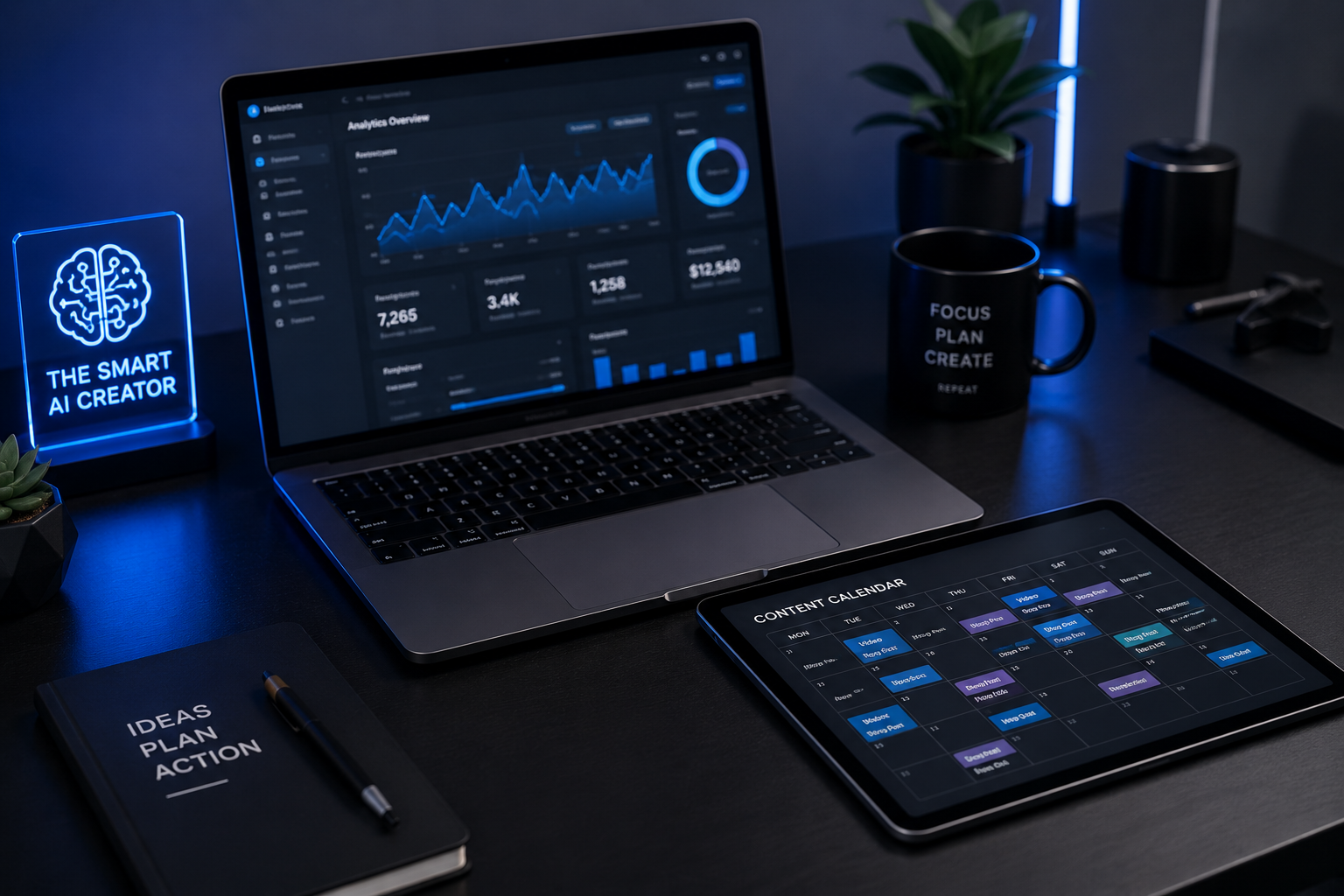 Modern minimalist creator desktop workspace with laptop and content calendar tablet